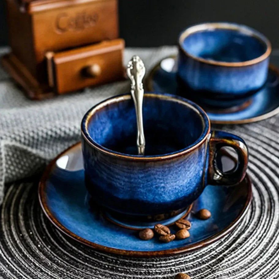Keramische Mokken Set 2-Delig Diepblauw met Schotel Espresso Koffie | Sansoti