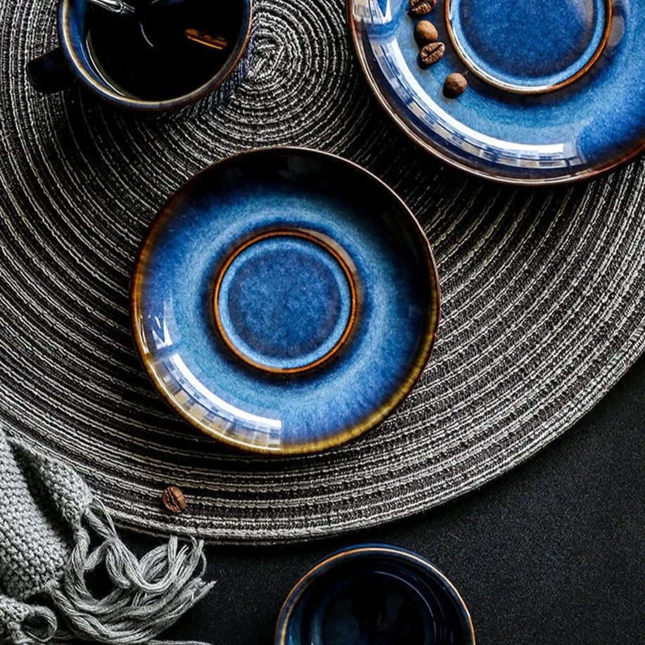 Keramische Mokken Set 2-Delig Diepblauw met Schotel Espresso Koffie | Sansoti