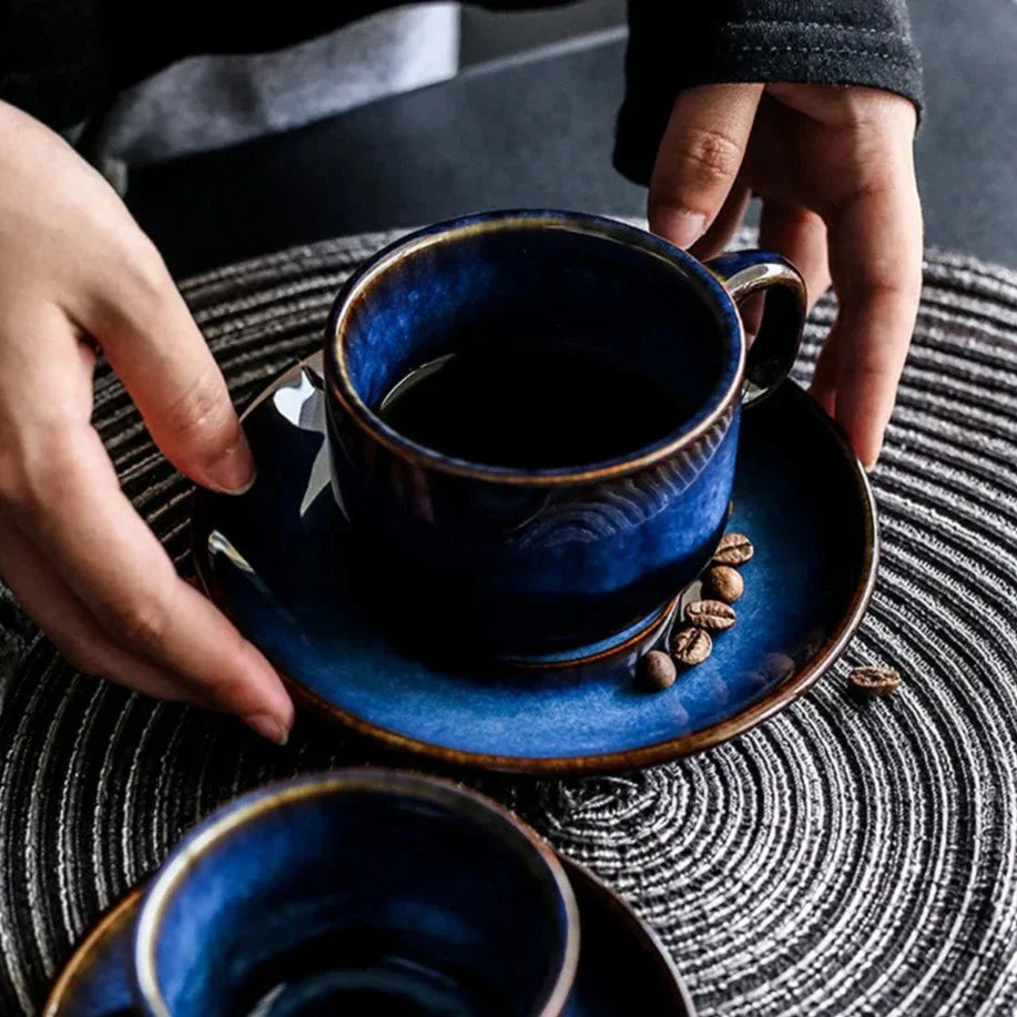 Keramische Mokken Set 2-Delig Diepblauw met Schotel Espresso Koffie | Sansoti