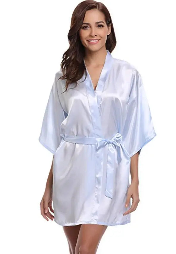 Kimono satiné robe de chambre pour femme à manches courtes bleu marine, vêtement d’intérieur soyeux, peignoir, tenue de nuit | Sansoti