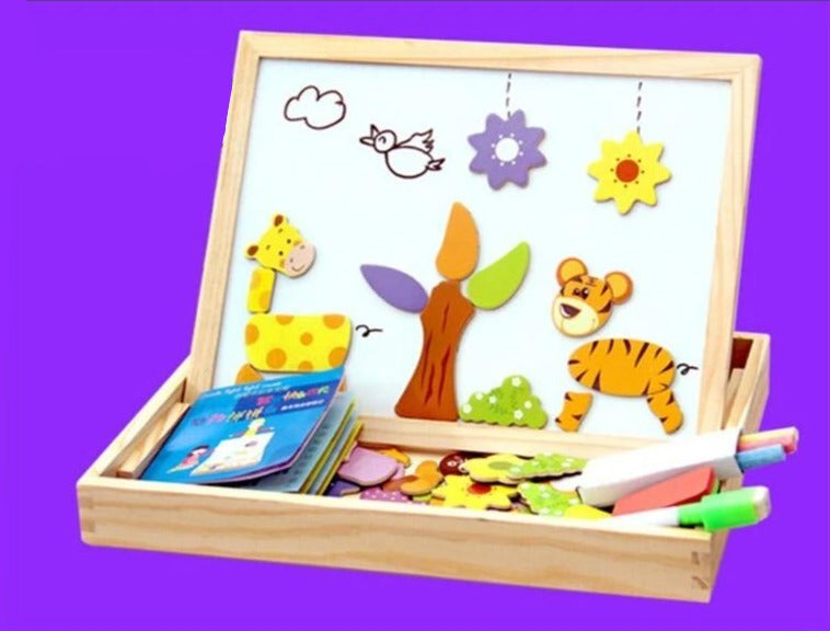 Tableau magnétique de dessin et puzzle en bois – double face tableau blanc et tableau noir – jouet éducatif avec pièces magnétiques – 30x23x3 cm | Sansoti