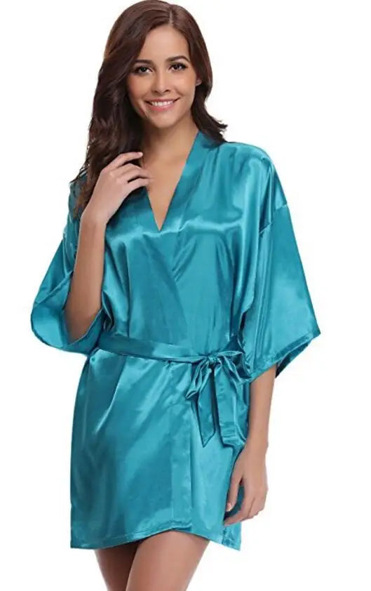 Kimono satiné robe de chambre pour femme à manches courtes bleu marine, vêtement d’intérieur soyeux, peignoir, tenue de nuit | Sansoti