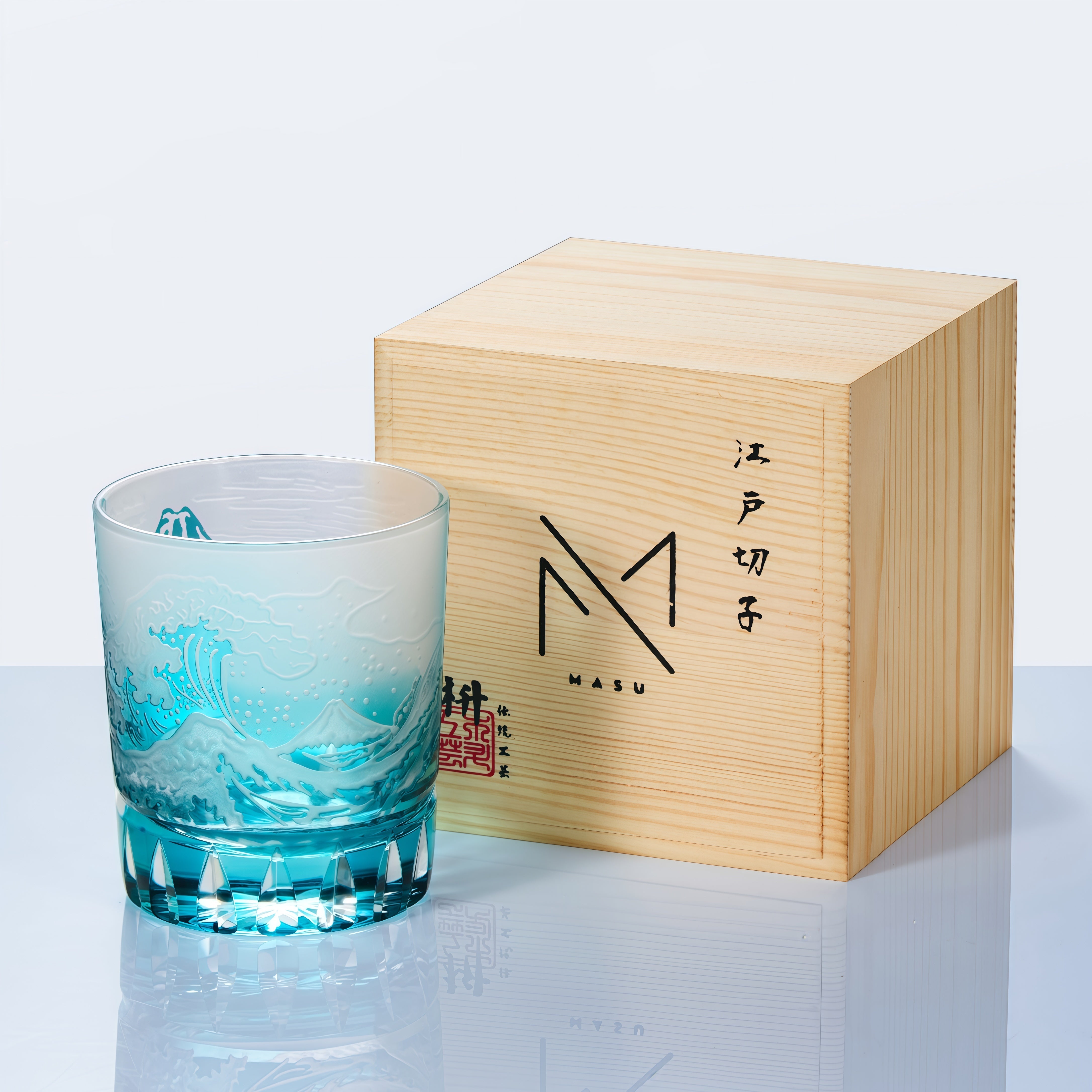 Verre à whisky japonais taillé à la main avec motif golf Fuji – Coffret cadeau en cristal avec boîte en bois | Sansoti