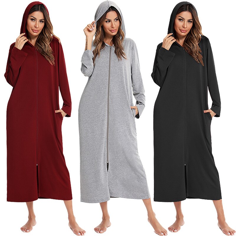 Badjas met Capuchon en Rits Fleece Ochtendjas met Zakken Dames Lange Mouwen Homewear Zwangerschap Comfortabel | Sansoti