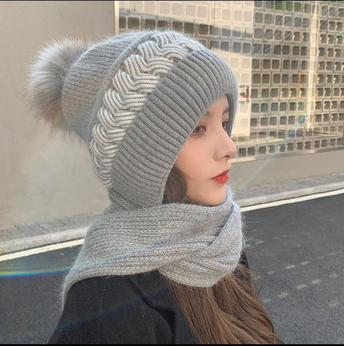 Knitted Hooded Scarf Wool Blend Warm Winter Accessory Women's Wrap Casual Wintry Style Crocheted Scarf | Sansoti