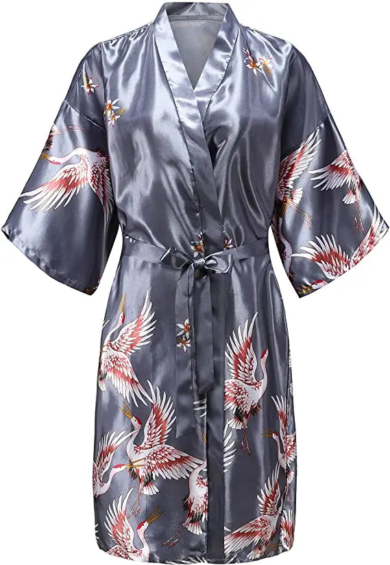 Satin Kimono Robe Floral Print Women's Short Sleeve Luxury Dressing Gown Silky Soft Loungewear Sleepwear | Sansoti