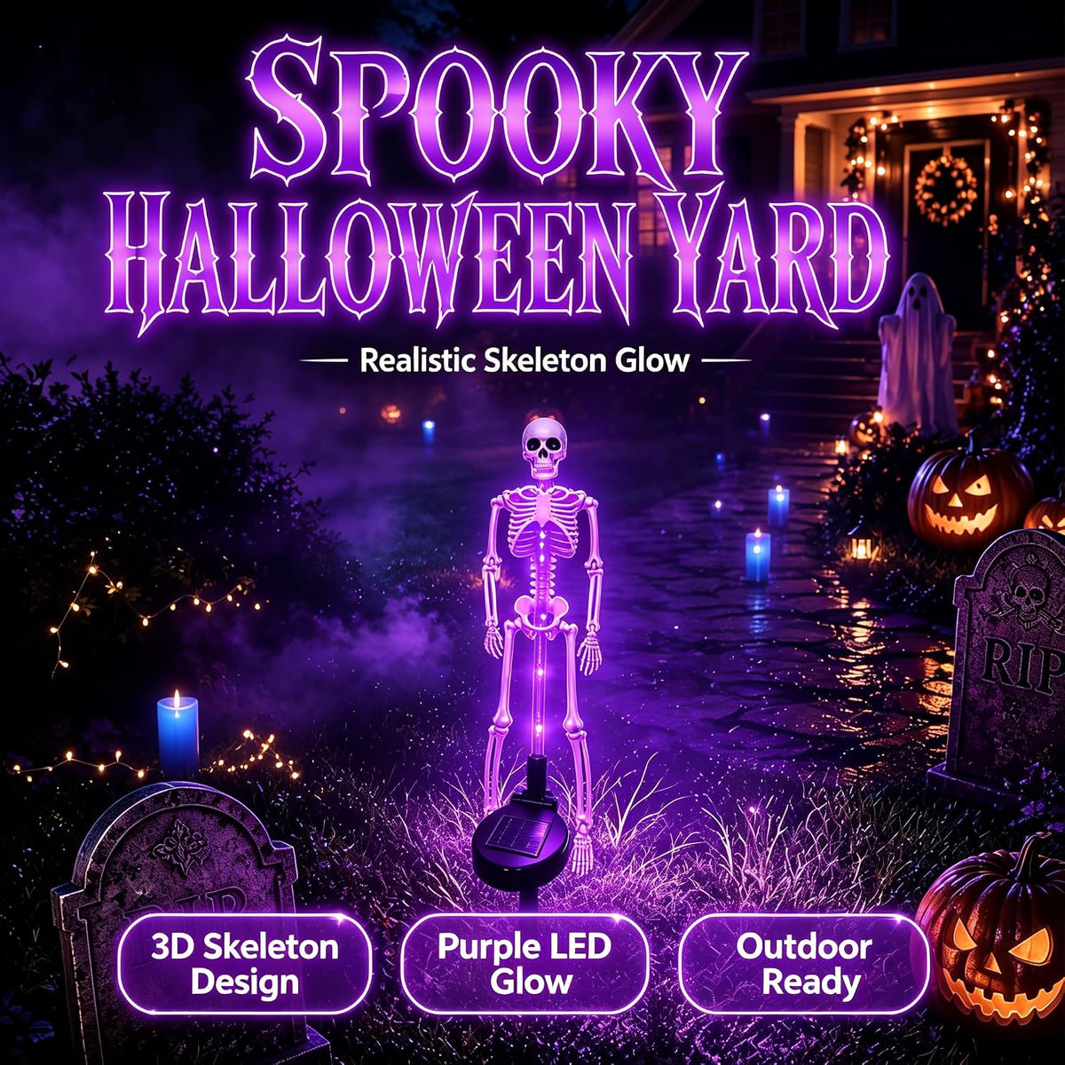 Skeleton Garden Stake Solar Lights, 2-Piece LED Pathway Decorative Outdoor Lighting for Halloween | Sansoti