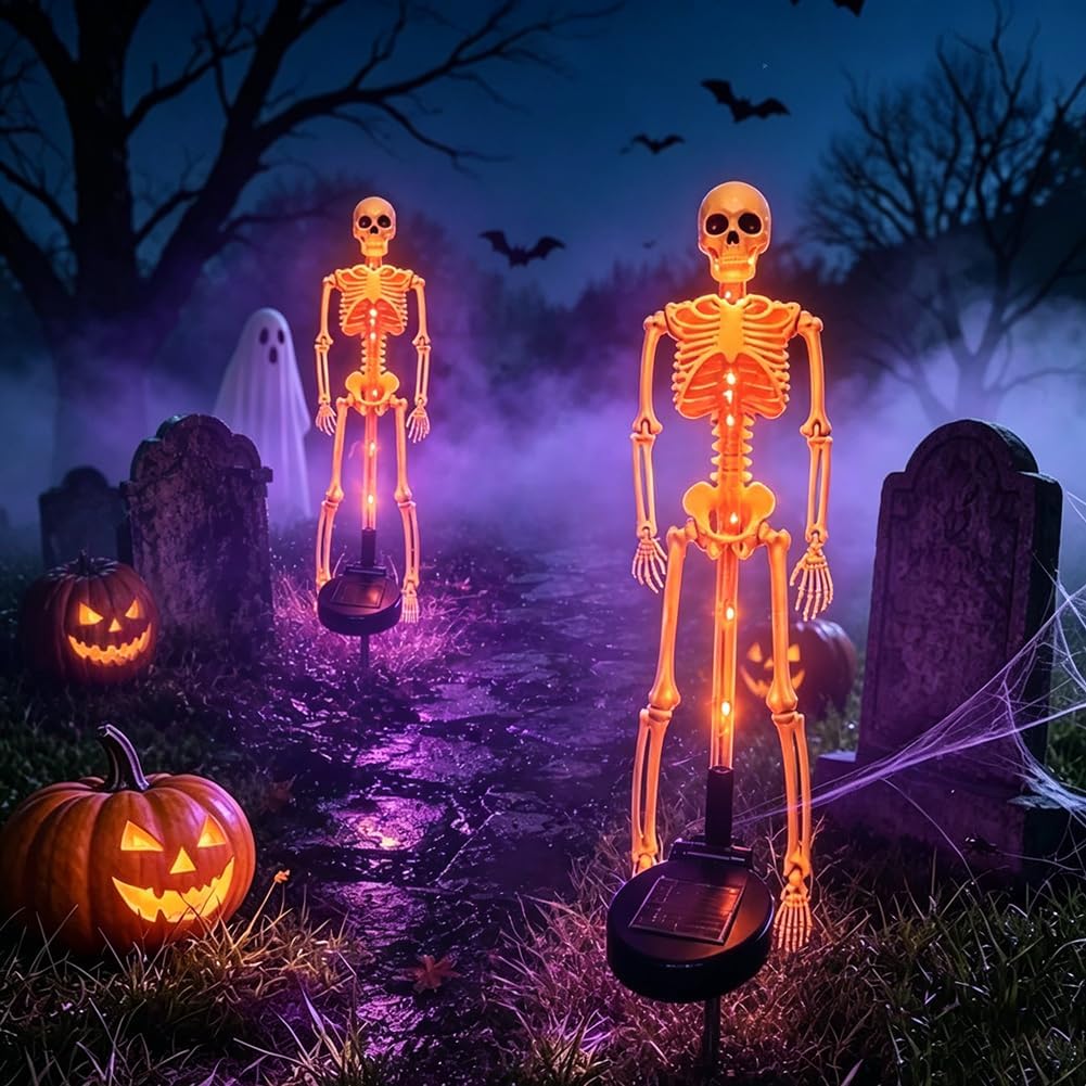 Skeleton Garden Stake Solar Lights, 2-Piece LED Pathway Decorative Outdoor Lighting for Halloween | Sansoti