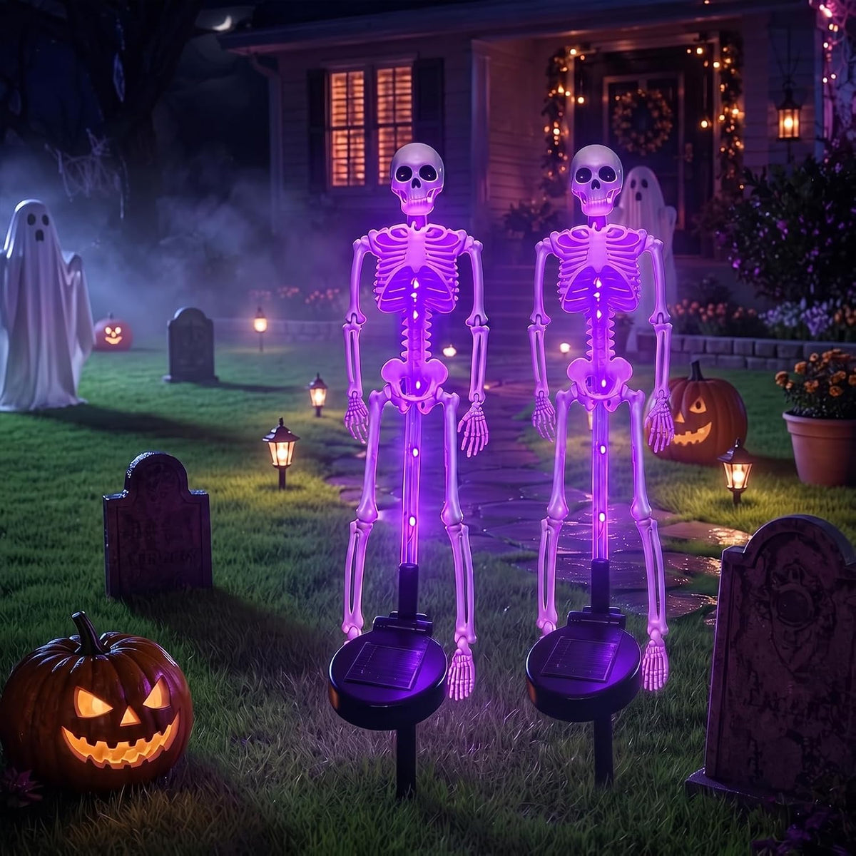 Skeleton Garden Stake Solar Lights, 2-Piece LED Pathway Decorative Outdoor Lighting for Halloween | Sansoti
