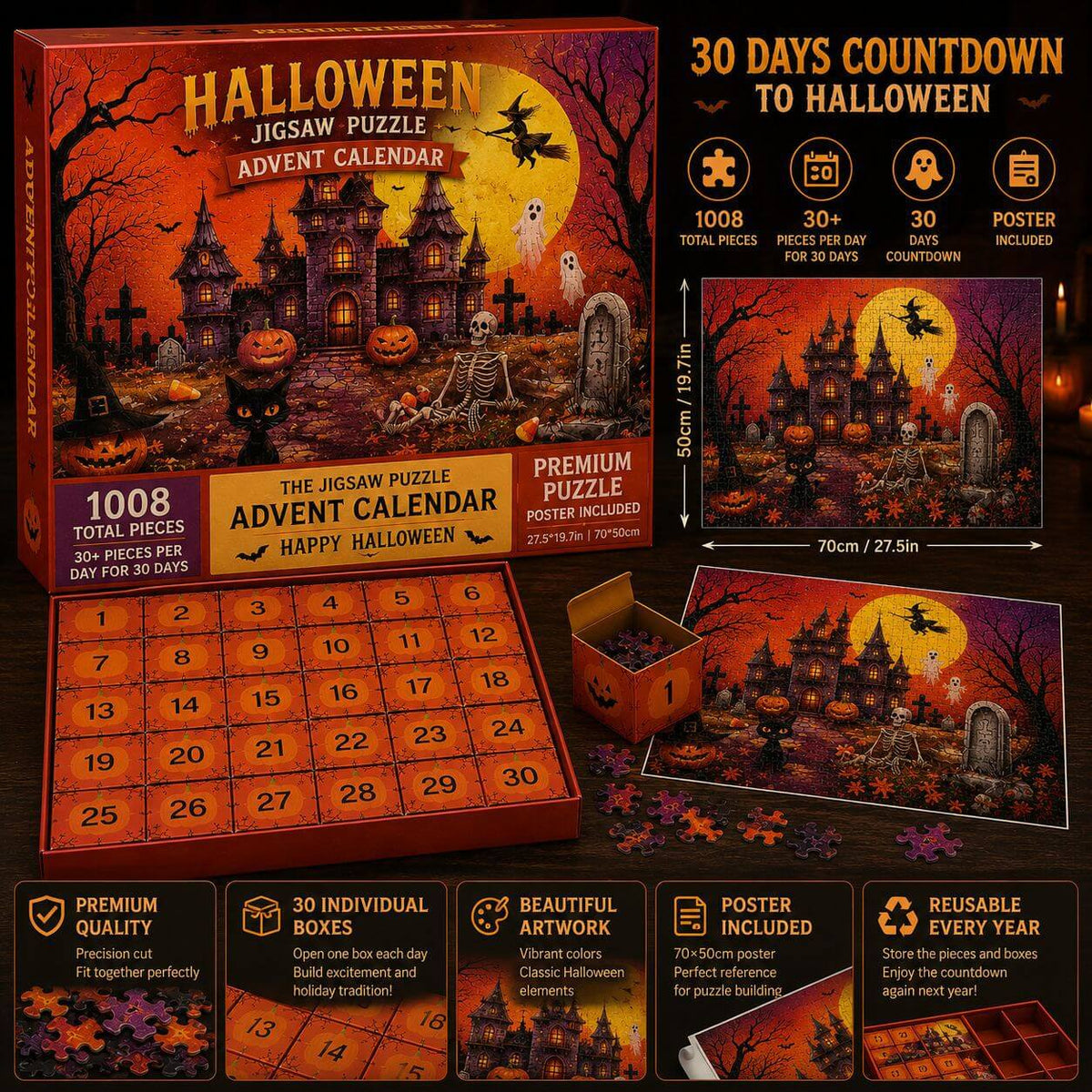 Legpuzzel Adventskalender 1008 Stukjes Spookslot Thema Halloween Dagelijkse Puzzelactiviteit 30 Vakjes | Sansoti