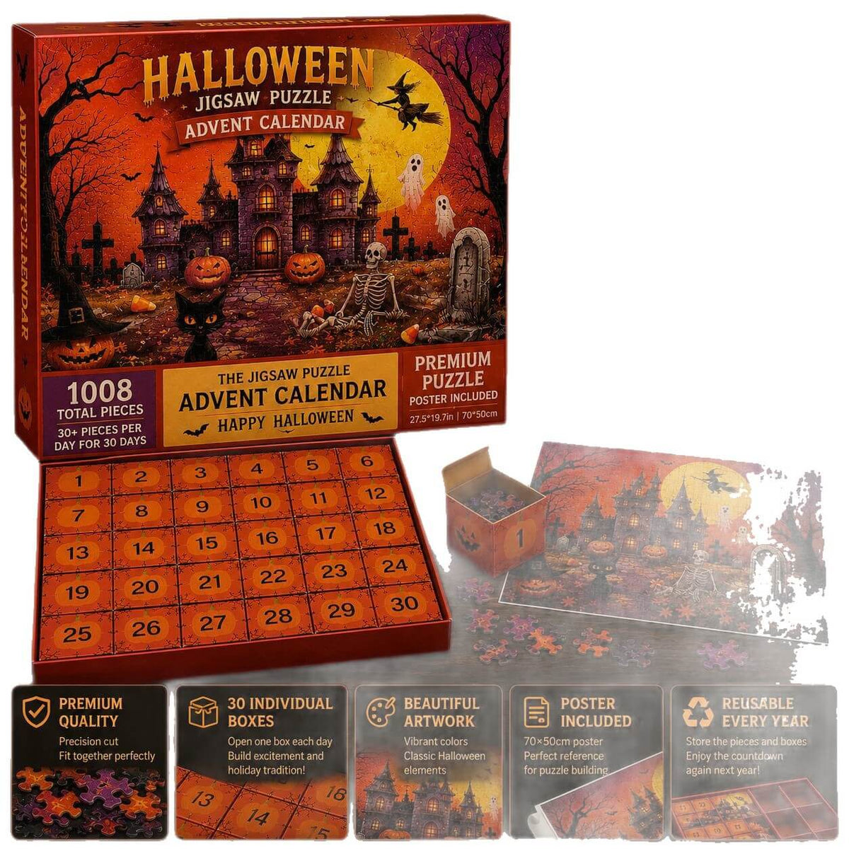 Legpuzzel Adventskalender 1008 Stukjes Spookslot Thema Halloween Dagelijkse Puzzelactiviteit 30 Vakjes | Sansoti