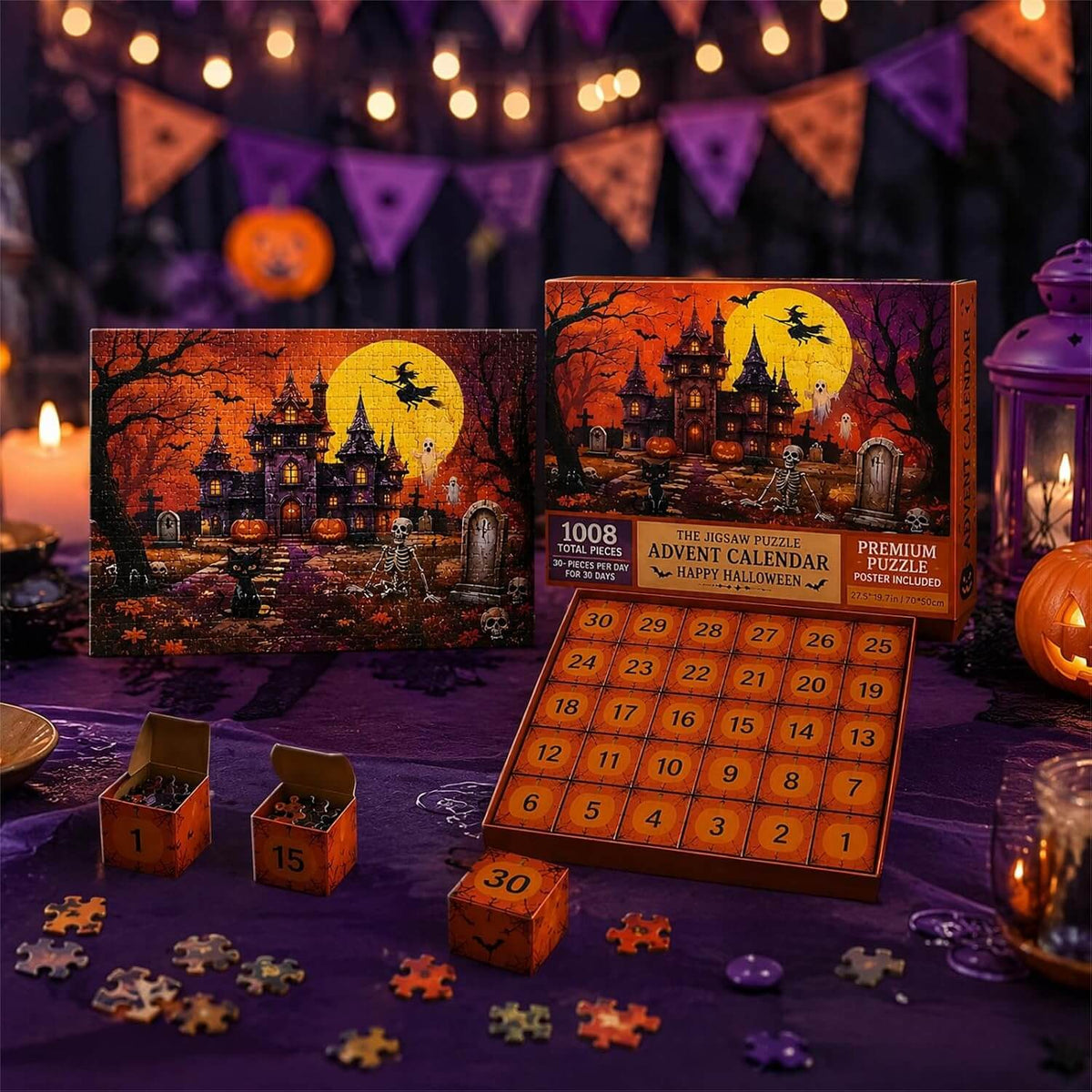Legpuzzel Adventskalender 1008 Stukjes Spookslot Thema Halloween Dagelijkse Puzzelactiviteit 30 Vakjes | Sansoti