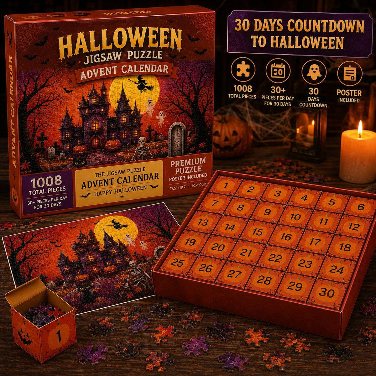 Legpuzzel Adventskalender 1008 Stukjes Spookslot Thema Halloween Dagelijkse Puzzelactiviteit 30 Vakjes | Sansoti