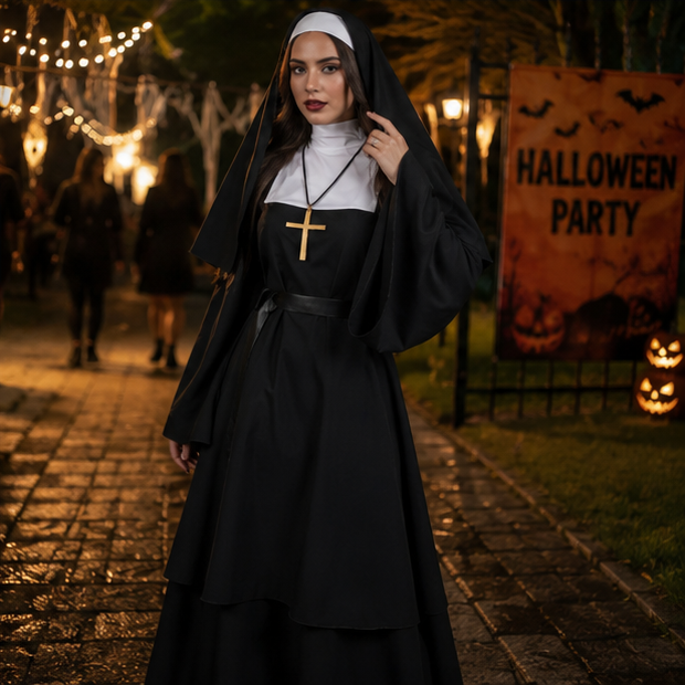 Black Nun Costume for Adults Halloween Dress-Up Outfit Theatrical Cosplay Clothing Carnival Party | Sansoti