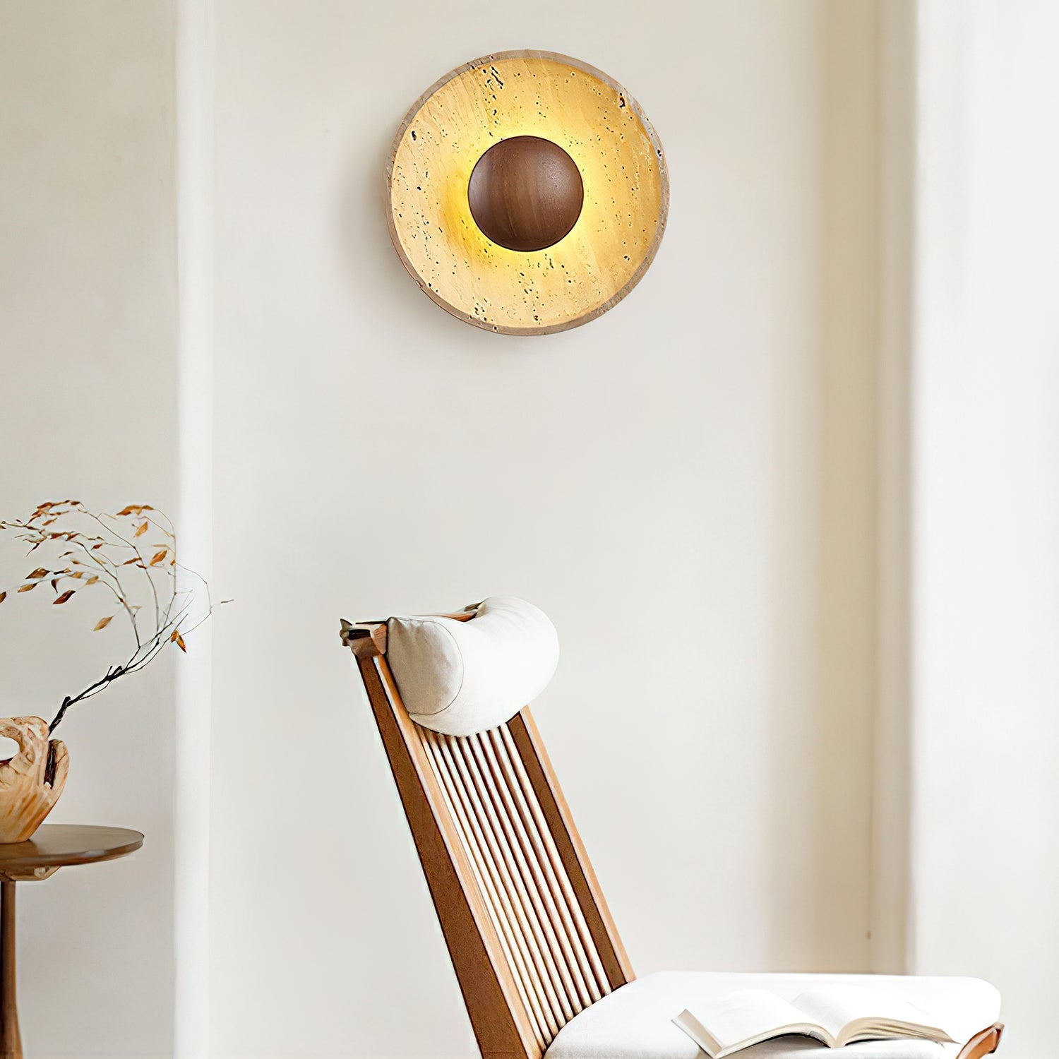 Wandleuchte Travertin Holz Rund Warmes Licht Wohnzimmer Schlafzimmer Flur Naturstein Design Wandleuchte Innen | Restfield