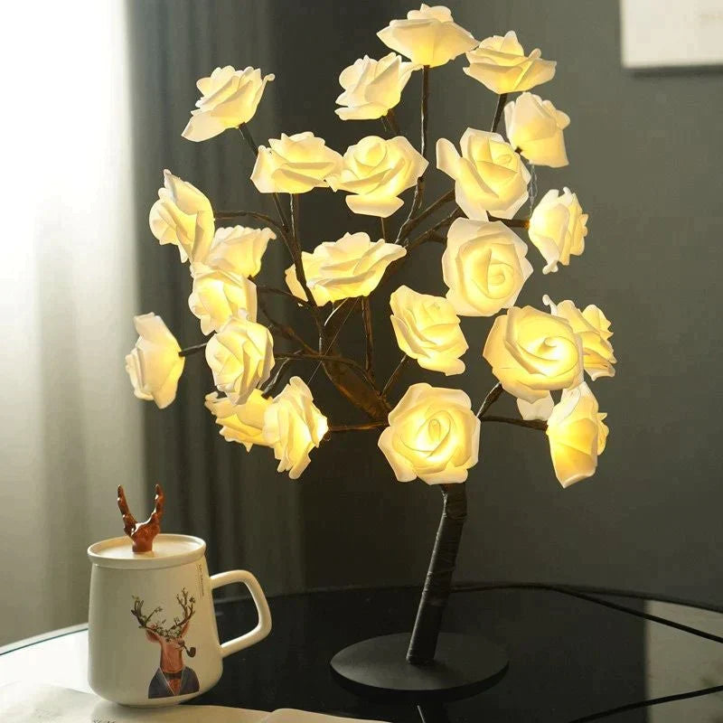 Blumenlampe mit handgefertigten Rosen 46cm USB-Batterie-Nachtlicht Dekorative Tischlampe Romantisches Stimmungslicht | Sansoti