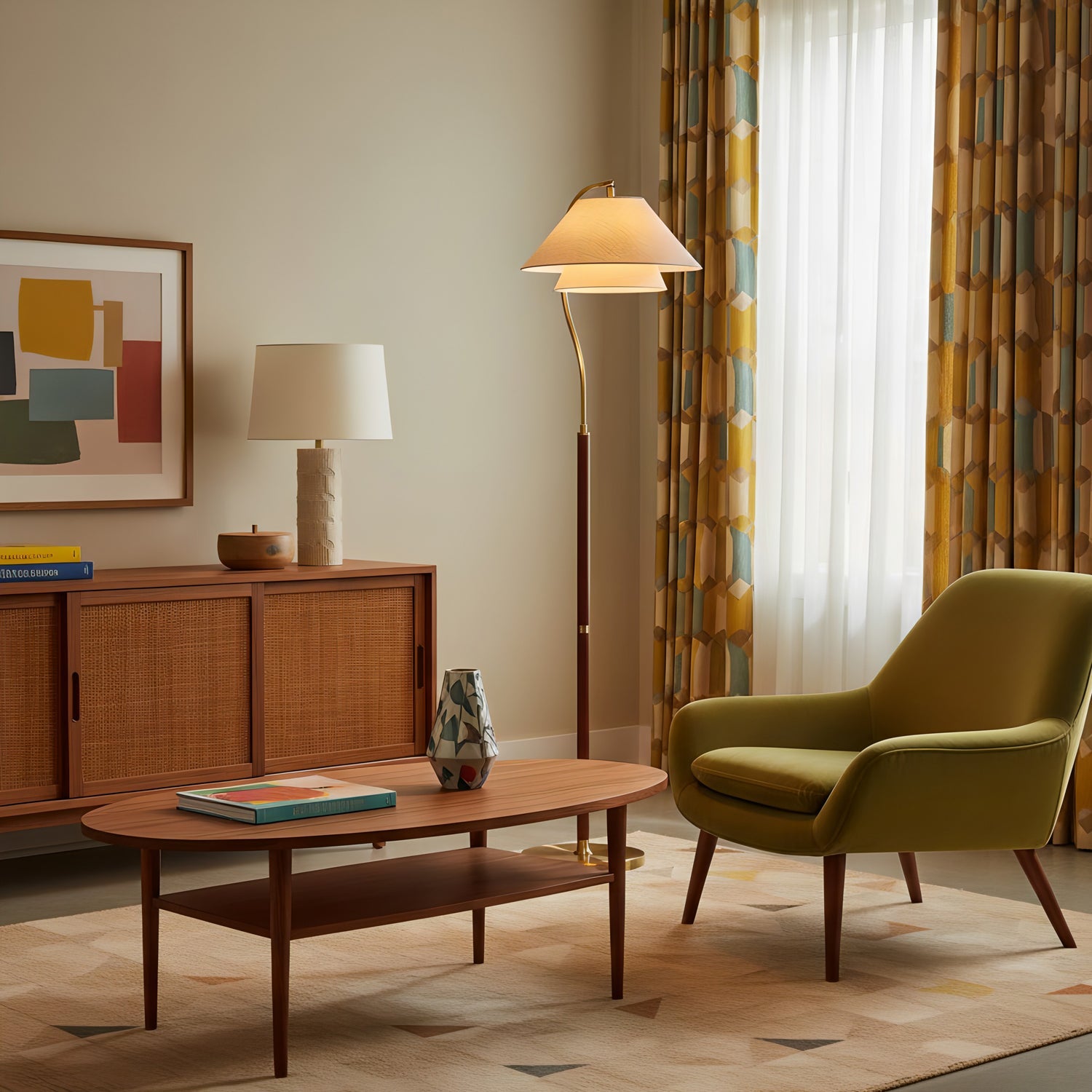 Luxuriöse Stehleuchte mit doppeltem Stoffschirm und Holzdetails – 155 cm hohes Design-Statement | Restfield