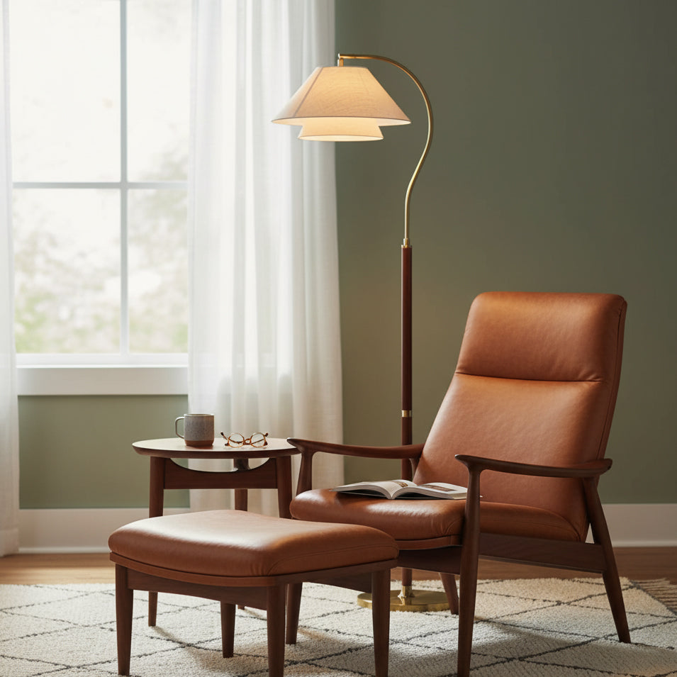 Luxuriöse Stehleuchte mit doppeltem Stoffschirm und Holzdetails – 155 cm hohes Design-Statement | Restfield