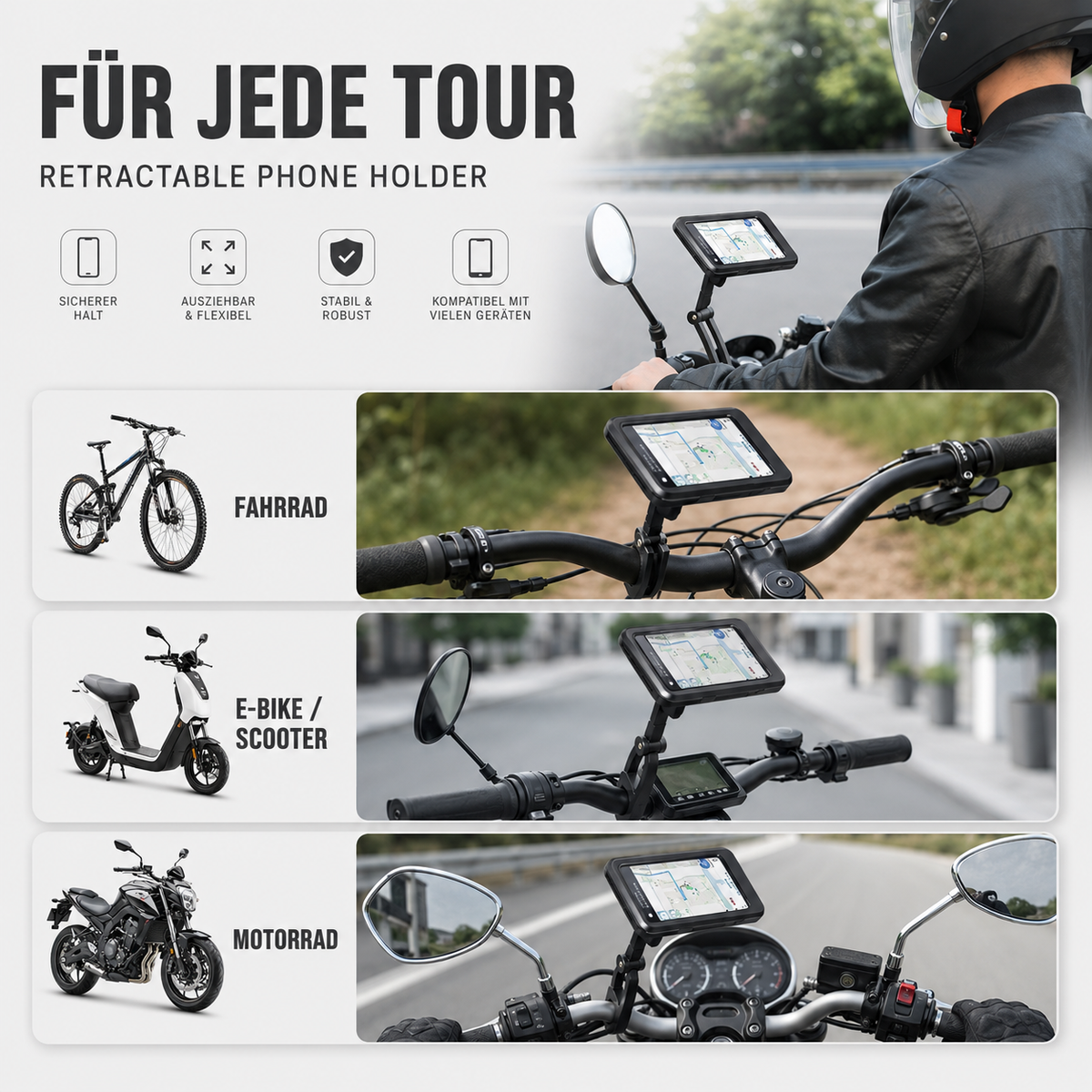 Support de smartphone étanche pour moto, rotatif à 360°, support de téléphone pour vélo avec fixation au guidon, universel, noir | Sansoti