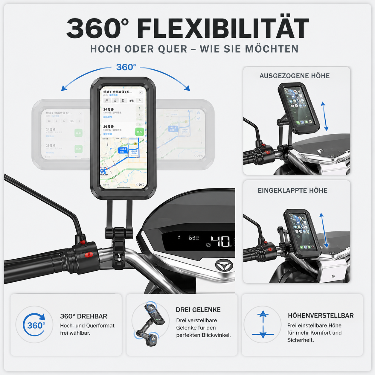 Support de smartphone étanche pour moto, rotatif à 360°, support de téléphone pour vélo avec fixation au guidon, universel, noir | Sansoti