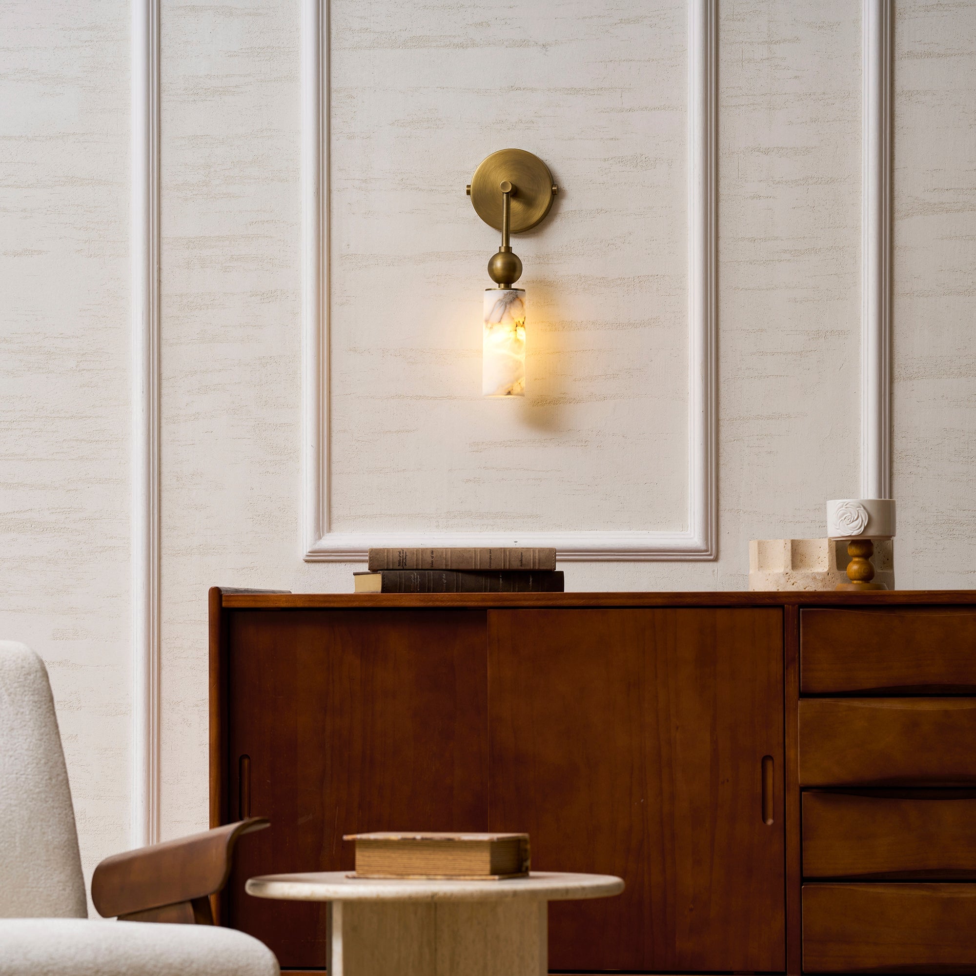 Vintage Wandleuchte mit Vogel aus Messing und Alabaster – Design-Wandlampe für Schlafzimmer, Flur und Wohnzimmer mit E14 Fassung | Restfield