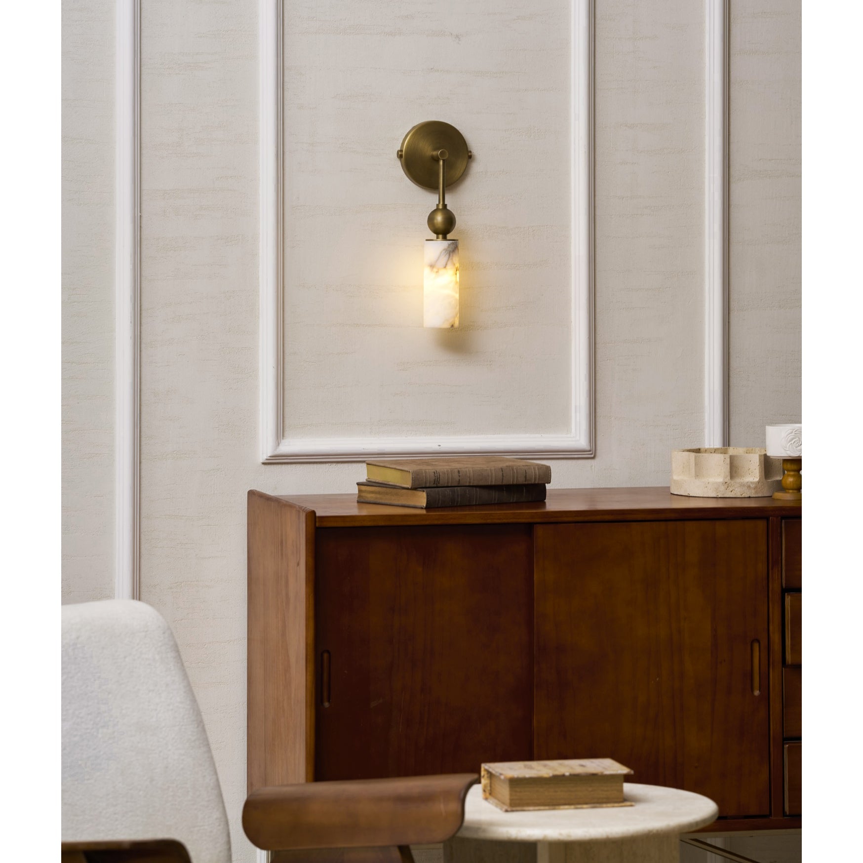 Vintage Wandleuchte mit Vogel aus Messing und Alabaster – Design-Wandlampe für Schlafzimmer, Flur und Wohnzimmer mit E14 Fassung | Restfield