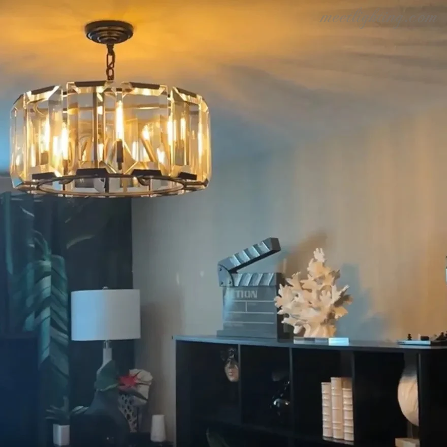 Lustre rond avec prismes en cristal, 78 cm, pour salle à manger, salon et entrée, éclairage luxueux, 7 sources lumineuses | Sansoti