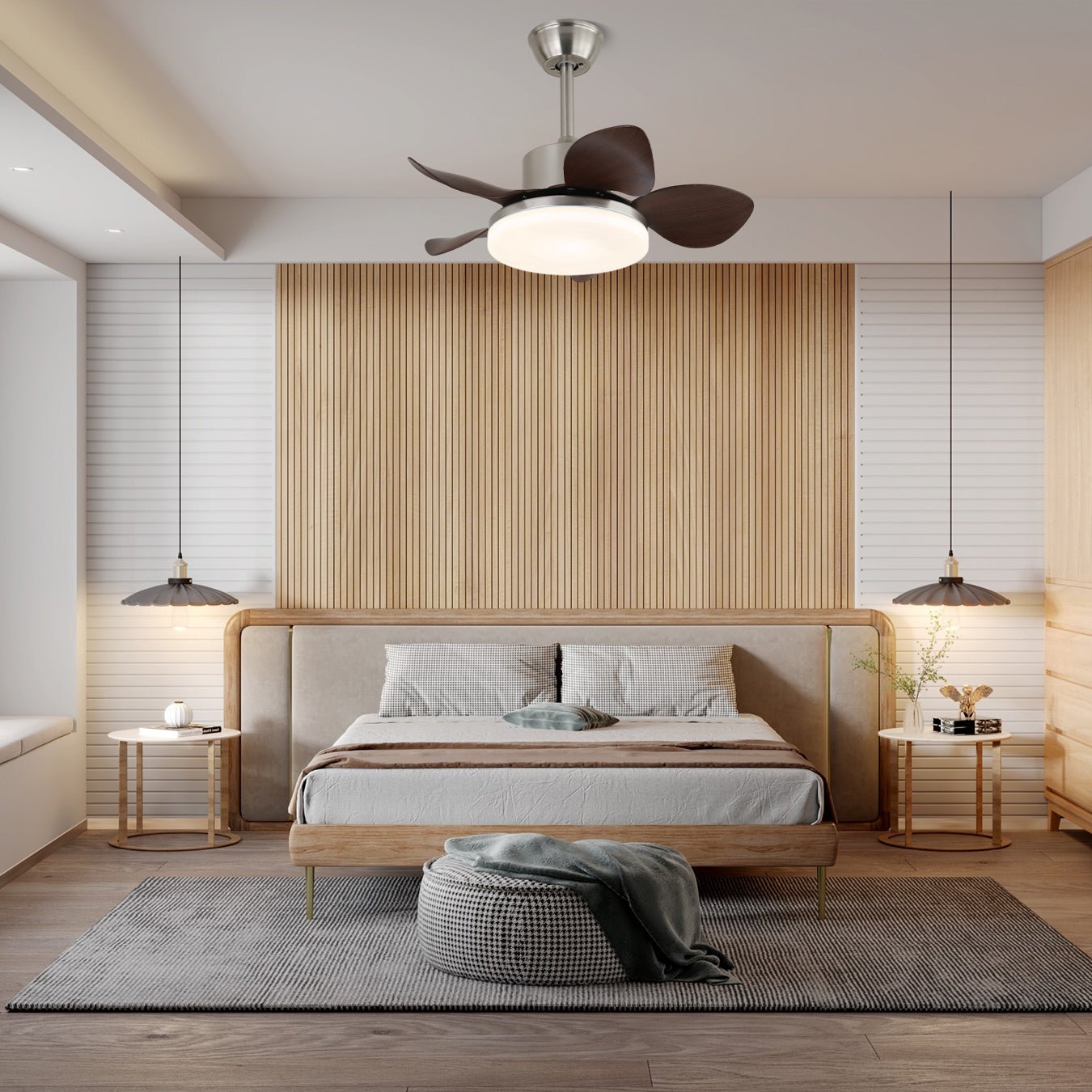 Houten Plafondventilator Kaelen met Verlichting ø71cm | LED Ventilatorlamp Kantelbare Bladen Afstandsbediening 6 Standen | Modern Scandinavisch Ontwerp Nikkel Walnoothout Acryl | Sansoti