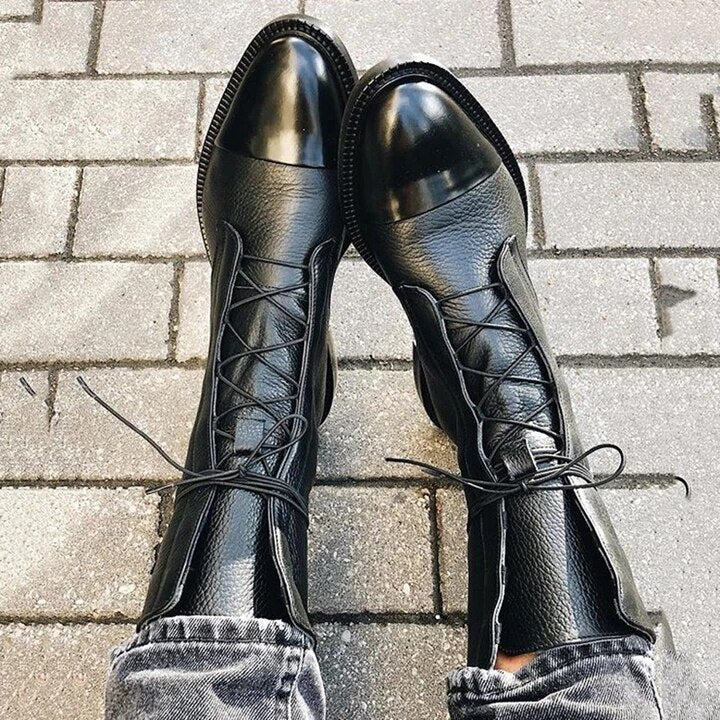 Women's Leather Lace-Up Ankle Boots Black Brown Casual Rugged Comfortable Autumn Winter Walking Hiking Boots | Sansoti