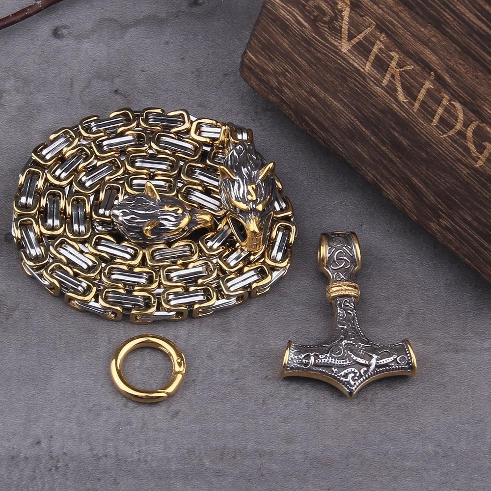 Roestvrij Stalen Schakelketting met Dubbele Wolfskop & Hamer Ornament 60-90cm Verstelbaar Unisex Sieraad | Sansoti
