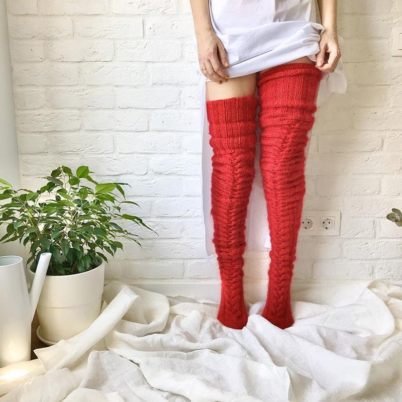 Damen-Overknee-Strümpfe, gestrickt, mit Zopfmuster, elastischem Polyester, warmes Winteraccessoire, lange Socken | Sansoti