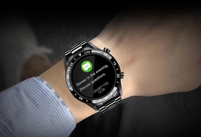 Montre connectée multifonction avec écran rond, cardiofréquencemètre, podomètre et suivi d’activité Bluetooth, noire et argentée | Sansoti