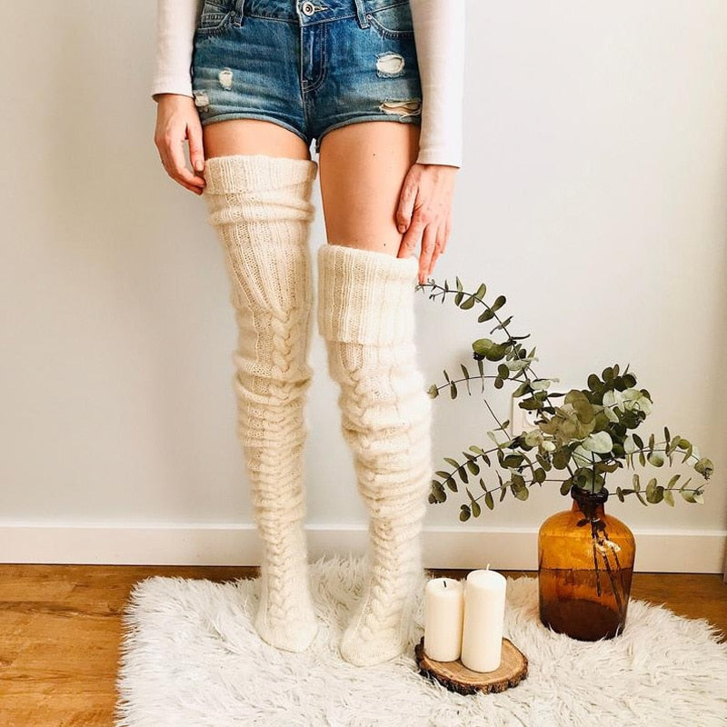 Damen-Overknee-Strümpfe, gestrickt, mit Zopfmuster, elastischem Polyester, warmes Winteraccessoire, lange Socken | Sansoti
