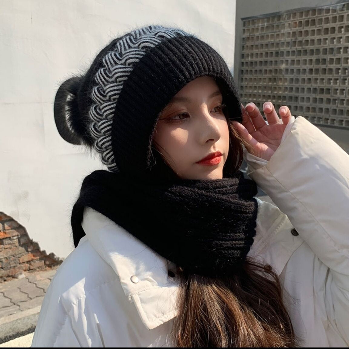 Knitted Hooded Scarf Wool Blend Warm Winter Accessory Women's Wrap Casual Wintry Style Crocheted Scarf | Sansoti