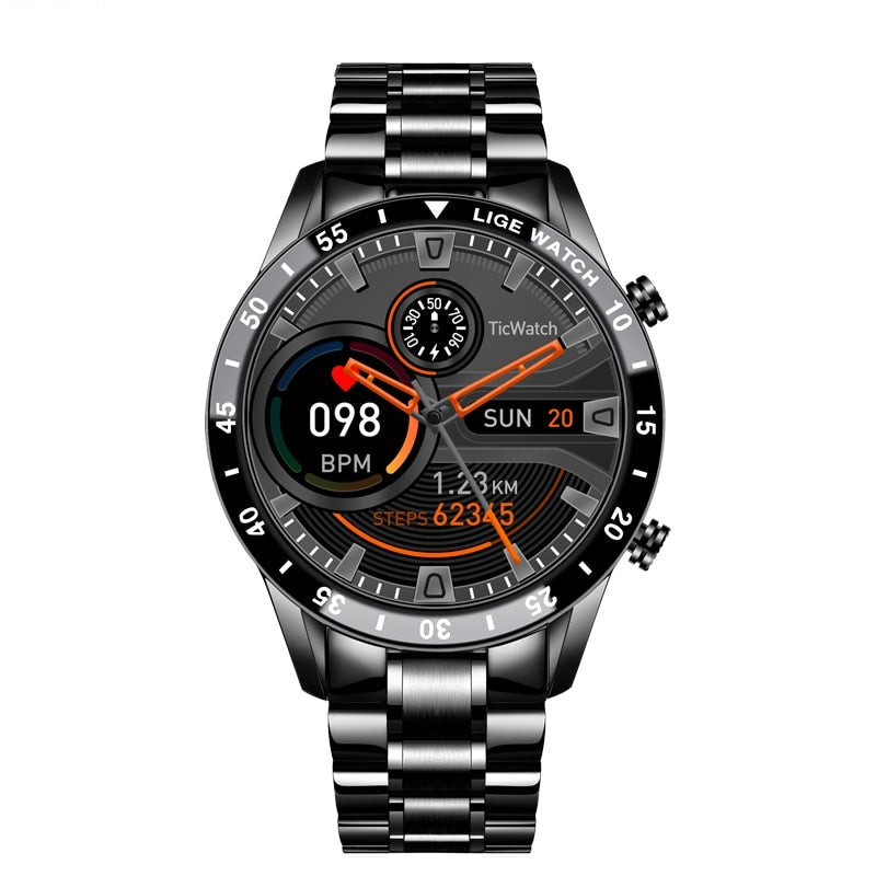 Montre connectée multifonction avec écran rond, cardiofréquencemètre, podomètre et suivi d’activité Bluetooth, noire et argentée | Sansoti