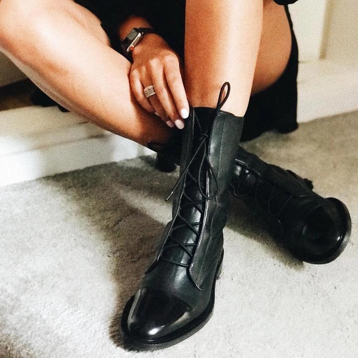 Women's Leather Lace-Up Ankle Boots Black Brown Casual Rugged Comfortable Autumn Winter Walking Hiking Boots | Sansoti