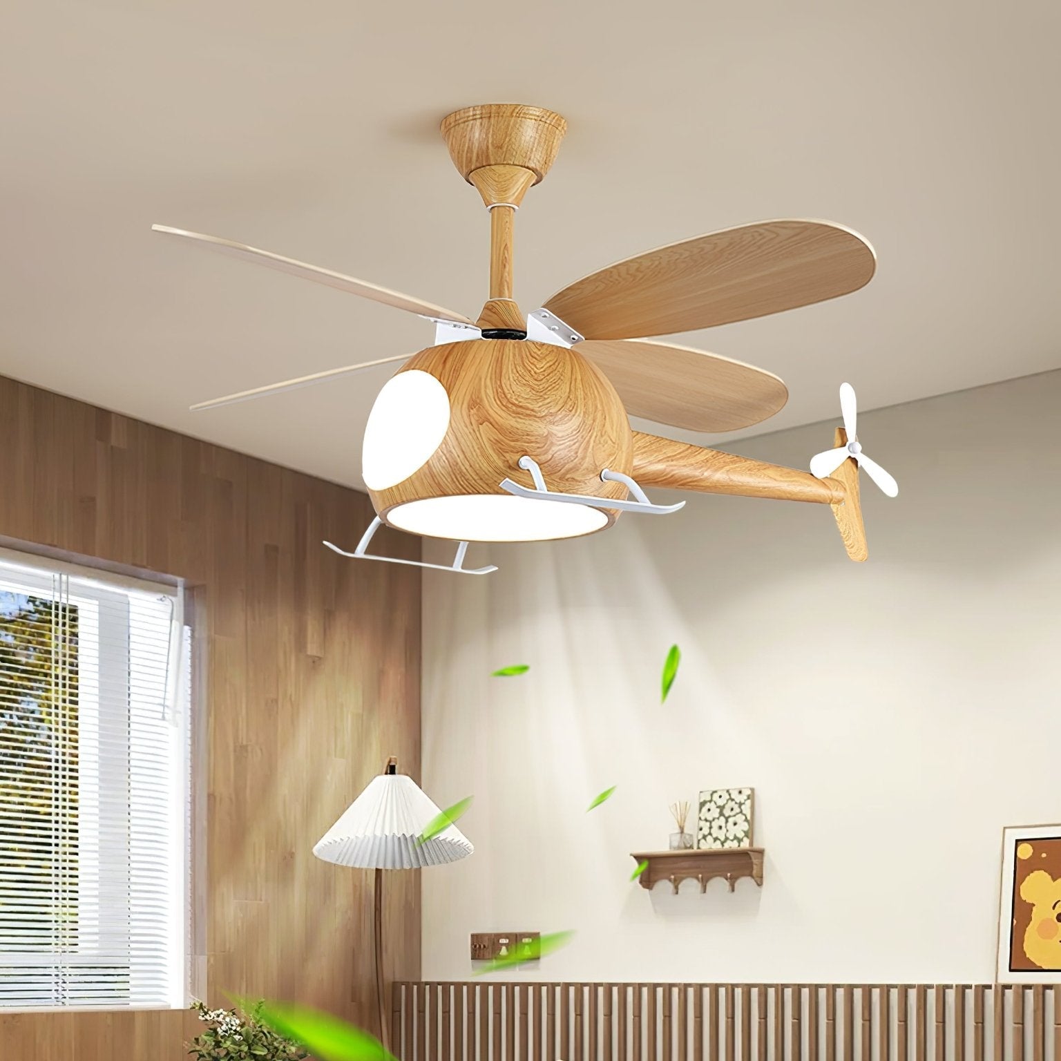 Moderne plafondventilator met verlichting voor kinderkamer – houten bladen Ø70cm | Sansoti