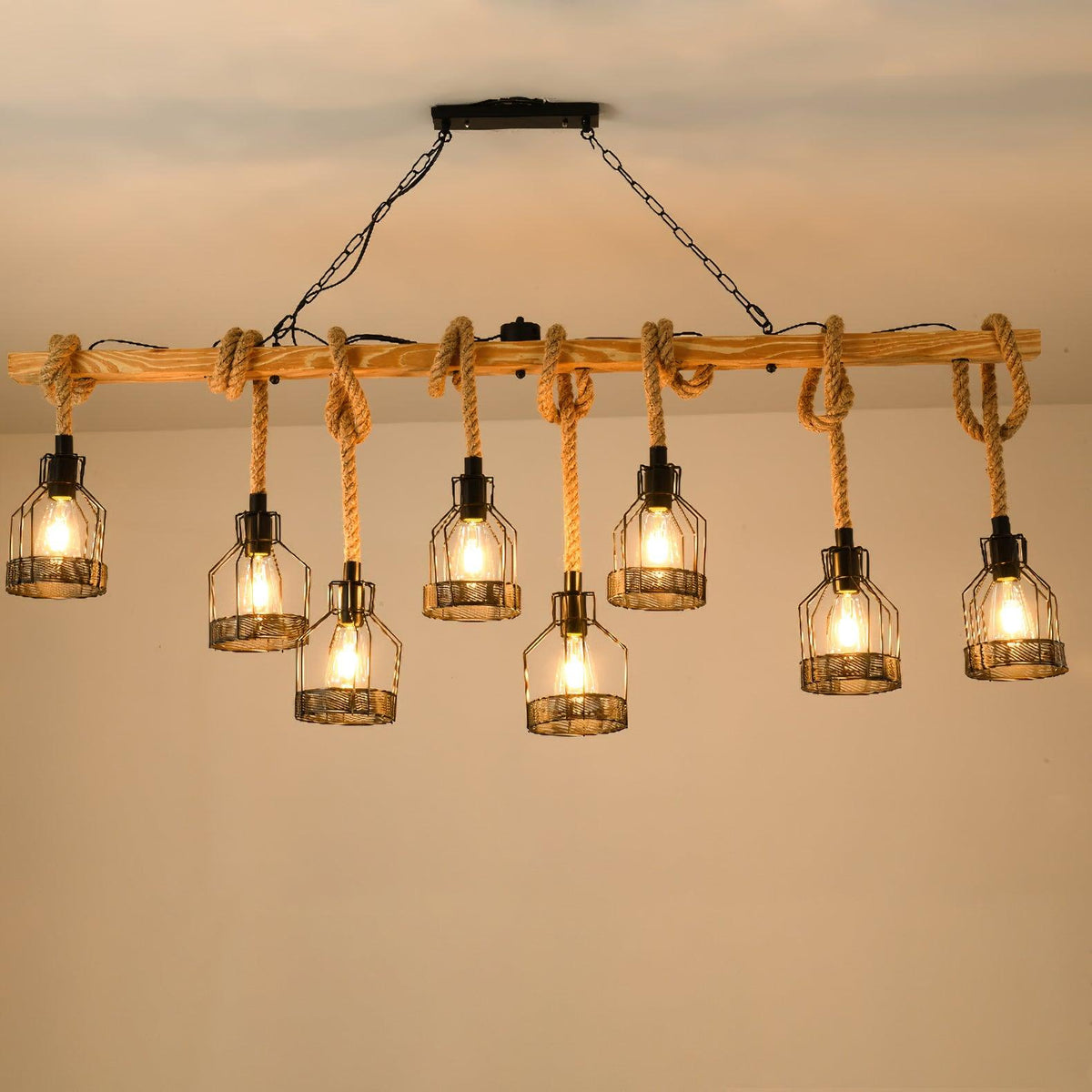 Henneptouw Hanglamp Industrieel Metaal 3-5-8 Lichtpunten Granaatmodel Vintage Snoerverlichting Eetkamer Woonkamer | Sansoti