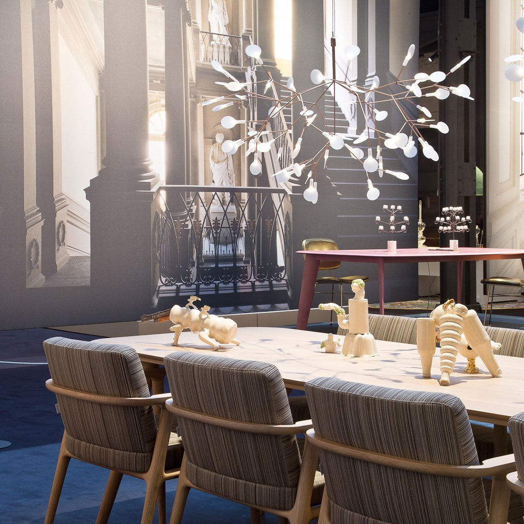 Lustre design Heracleum avec feuilles LED – suspension organique moderne avec 30 à 108 points lumineux en noir ou or rosé | Restfield