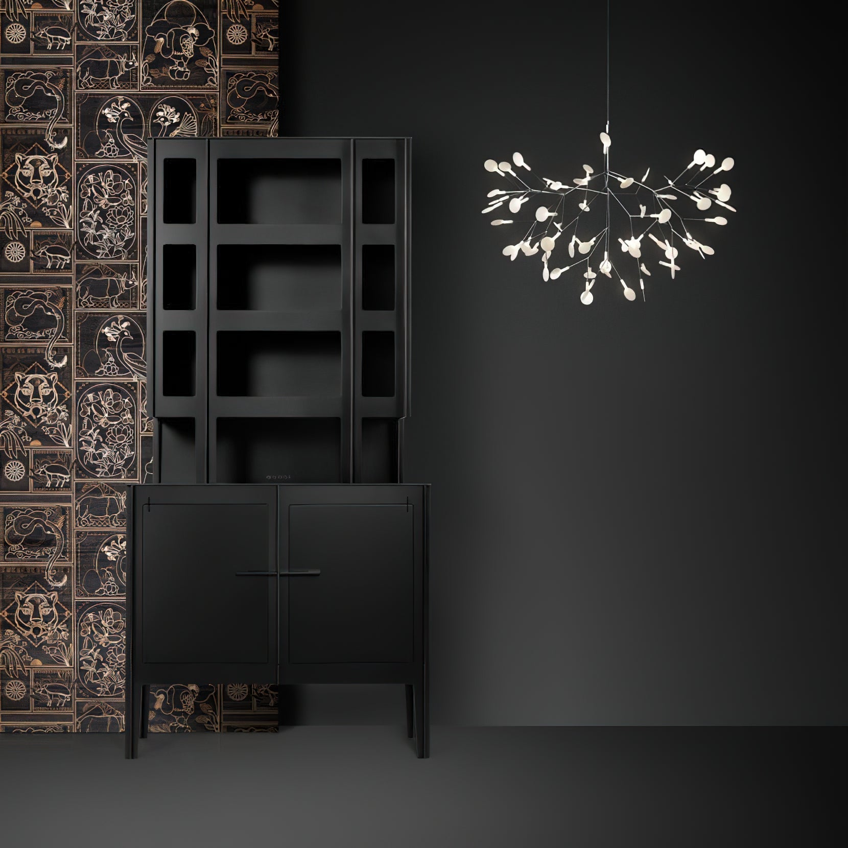 Lustre design Heracleum avec feuilles LED – suspension organique moderne avec 30 à 108 points lumineux en noir ou or rosé | Restfield