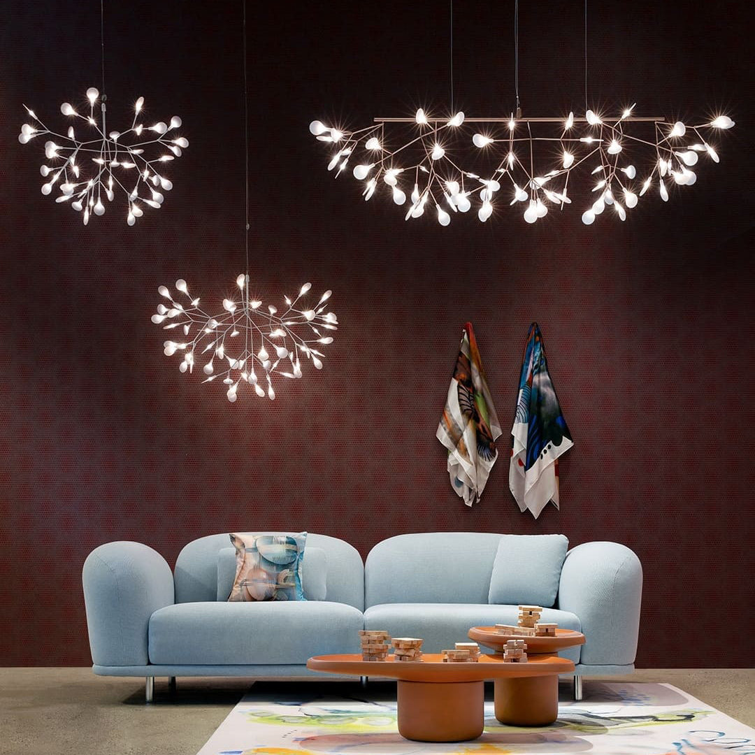 Lustre design Heracleum avec feuilles LED – suspension organique moderne avec 30 à 108 points lumineux en noir ou or rosé | Restfield