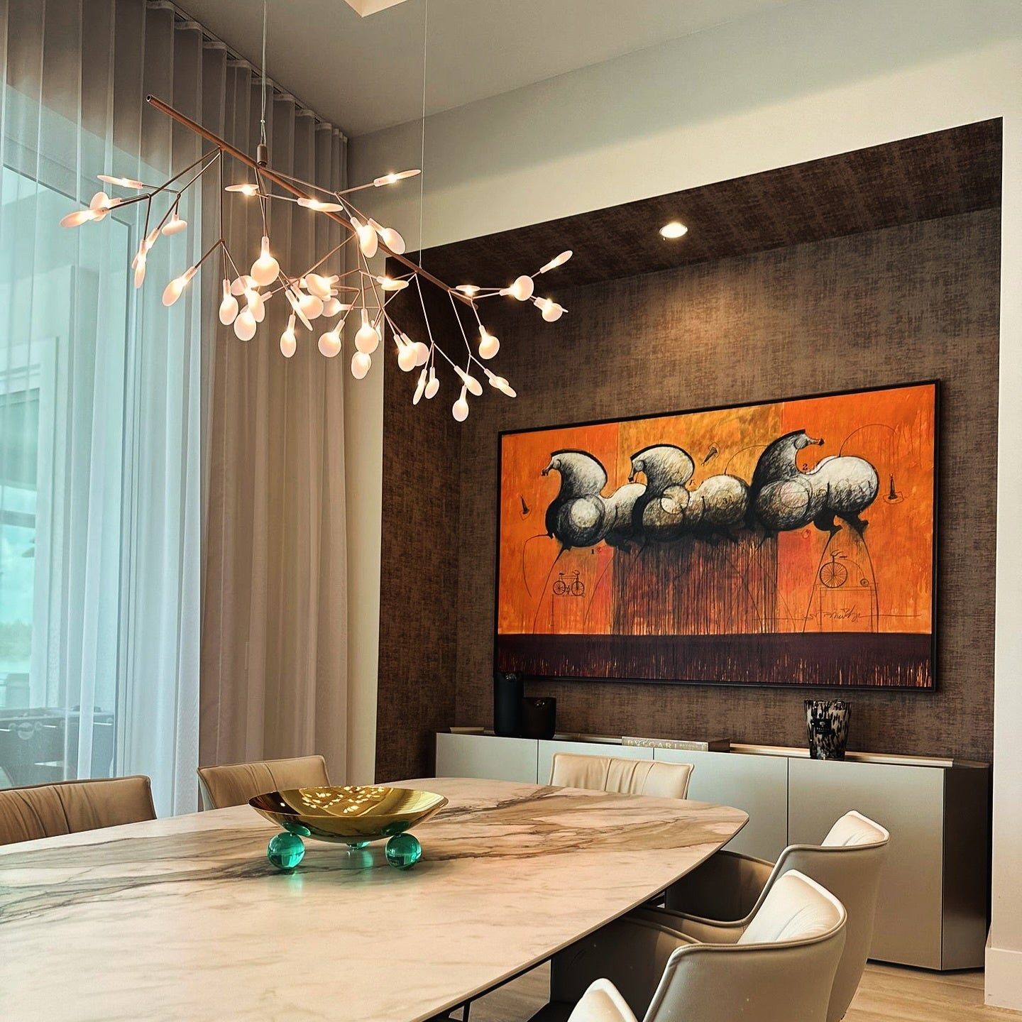 Lustre design Heracleum avec feuilles LED – suspension organique moderne avec 30 à 108 points lumineux en noir ou or rosé | Restfield