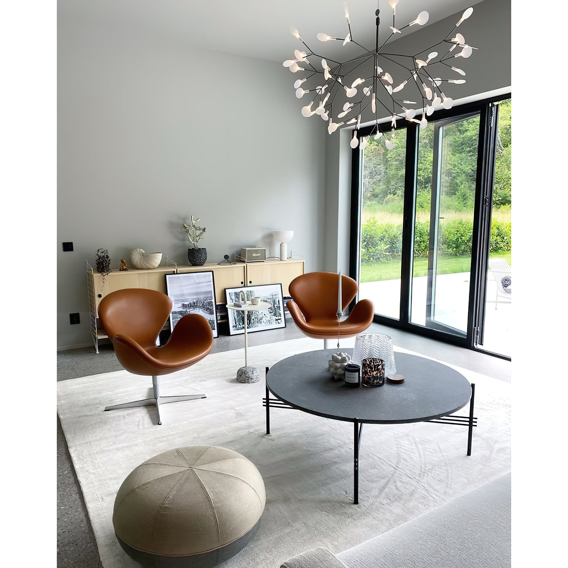 Lustre design Heracleum avec feuilles LED – suspension organique moderne avec 30 à 108 points lumineux en noir ou or rosé | Restfield