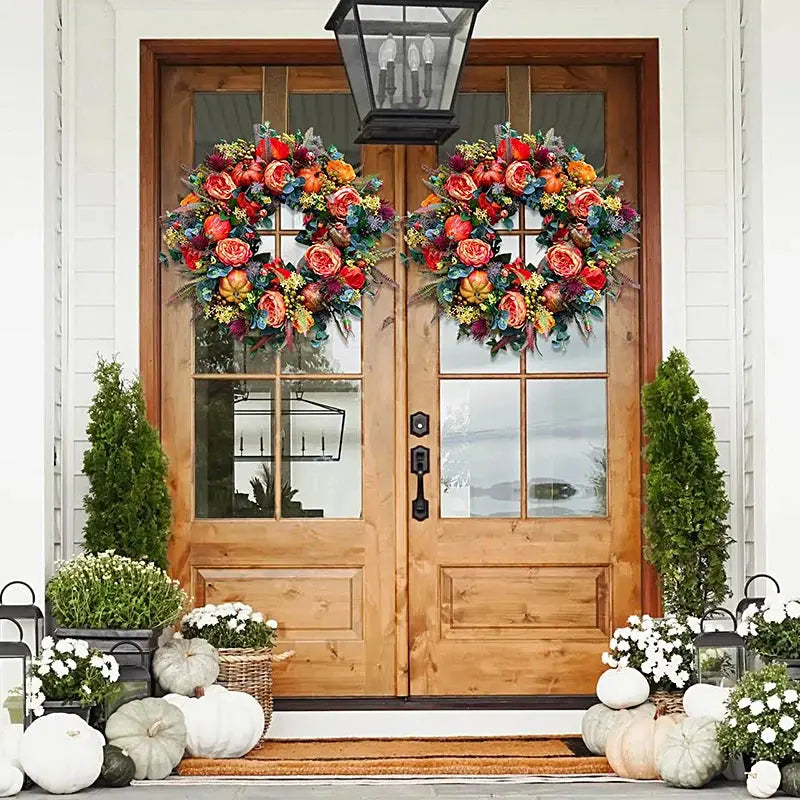 Herbstdekoration Kranz Kürbis Naturtöne 40 cm Innen- und Außenbereich Tür Wand Tisch Kunstmaterial Saison | Sansoti