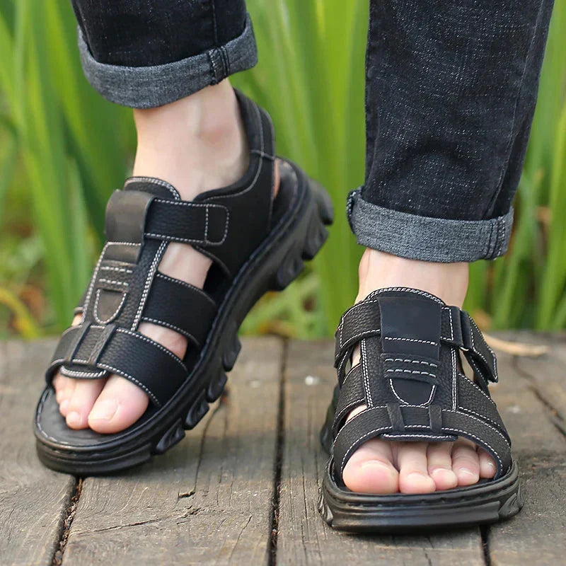 Orthopedische Leren Herensandalen Bruin Zwart Comfortabel Voetbed Ademend Design Zomer Wandelen Casual | Sansoti