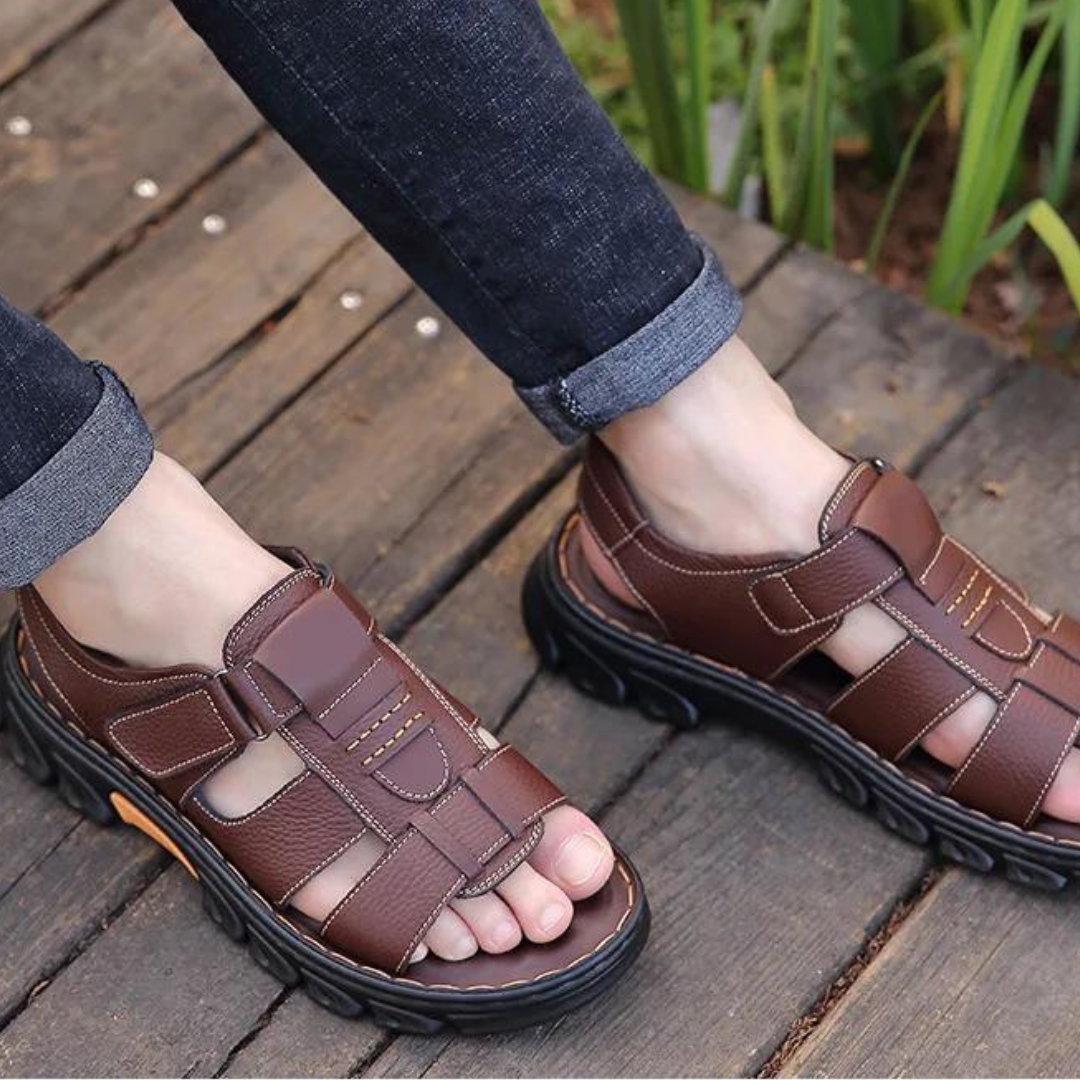 Orthopedische Leren Herensandalen Bruin Zwart Comfortabel Voetbed Ademend Design Zomer Wandelen Casual | Sansoti