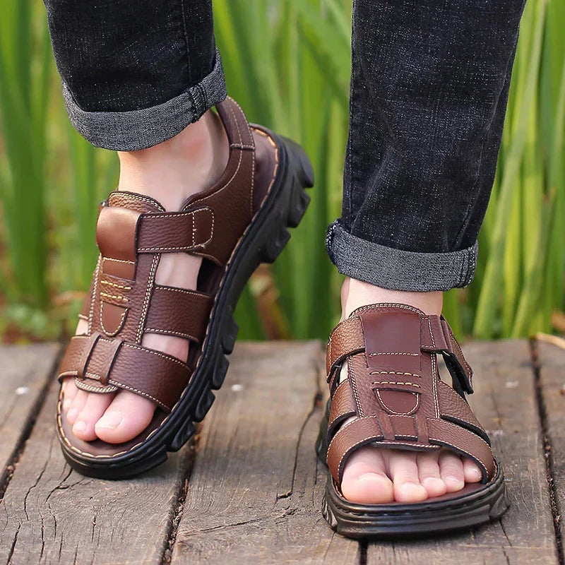 Orthopedische Leren Herensandalen Bruin Zwart Comfortabel Voetbed Ademend Design Zomer Wandelen Casual | Sansoti