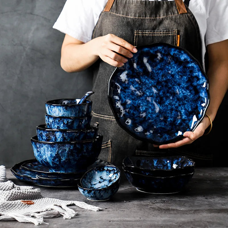10-Delig Serviesgoed Set Melkwegstelsel Design Blauw Keramiek voor Dagelijks Gebruik en Feestdagen | Sansoti