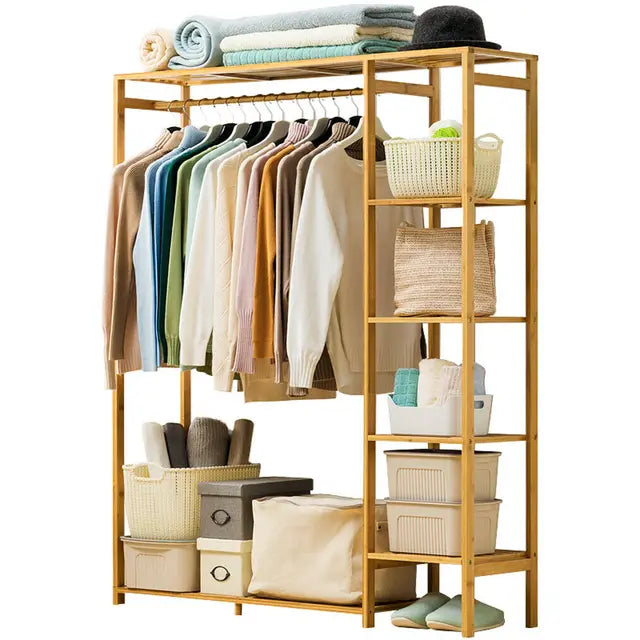 Porte-Vêtements Bambou Armoire Ouverte avec Étagères 90x145cm Bois Naturel | Restfield