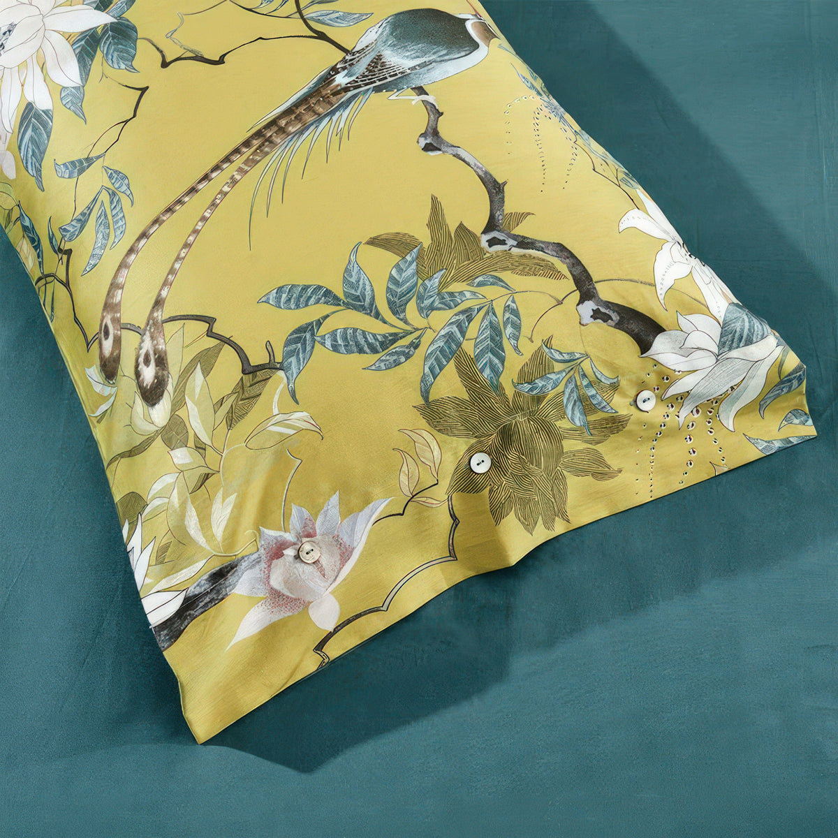 Cotton Pillowcase Set Golden Bird Motif 48x74 cm Satin Weave Egyptian Cotton 500 TC Luxury Bedroom | Sansoti